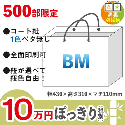 【10万円ぽっきりプラン：竹】格安オーダーメイド紙袋　コート紙　1色ベタ無し　BMサイズ　表裏別絵柄