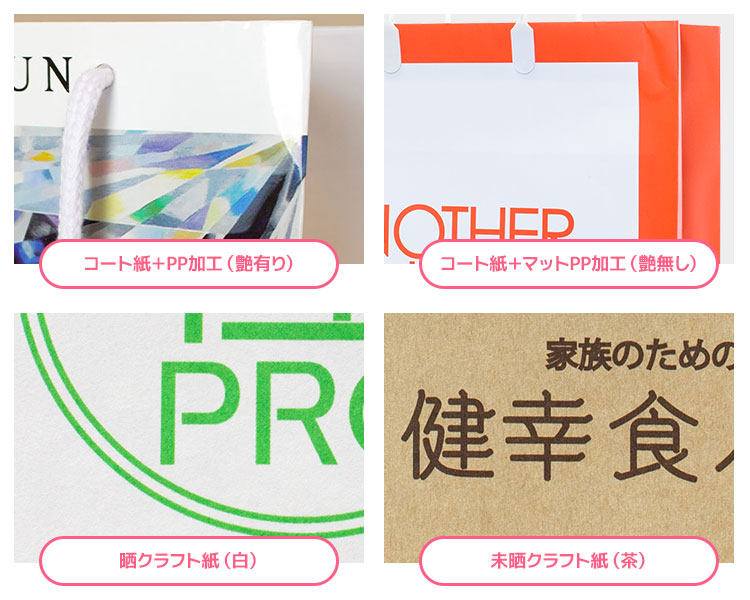 オリジナル紙袋製作で選べる用紙の種類はコート紙、晒クラフト紙、未晒クラフト紙