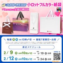 小ロットでギフトバッグも製作できる紙袋販売netのフルカラー紙袋、２月中旬生産枠スケジュールのご案内