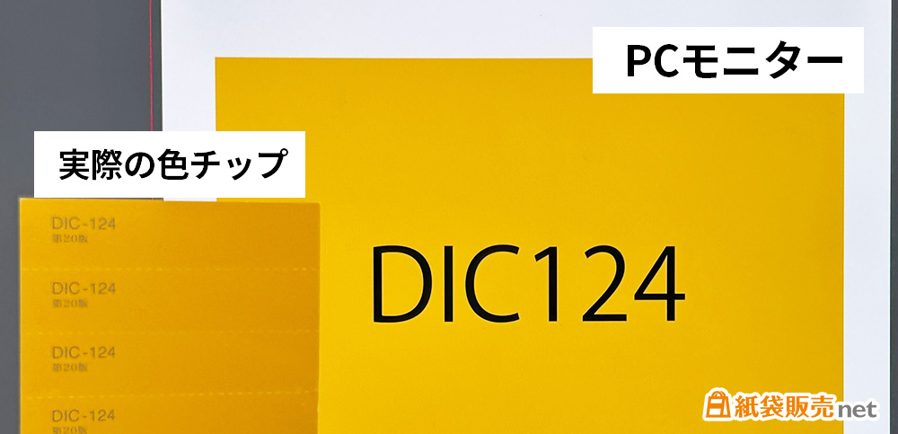 DIC124のPCモニターとDICの色チップとの比較写真